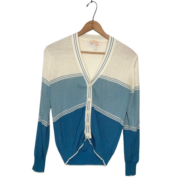 Knit Boutique For Sears | Vintage Blue Striped V-neck Button Down Cardigan - Picture 1 of 8